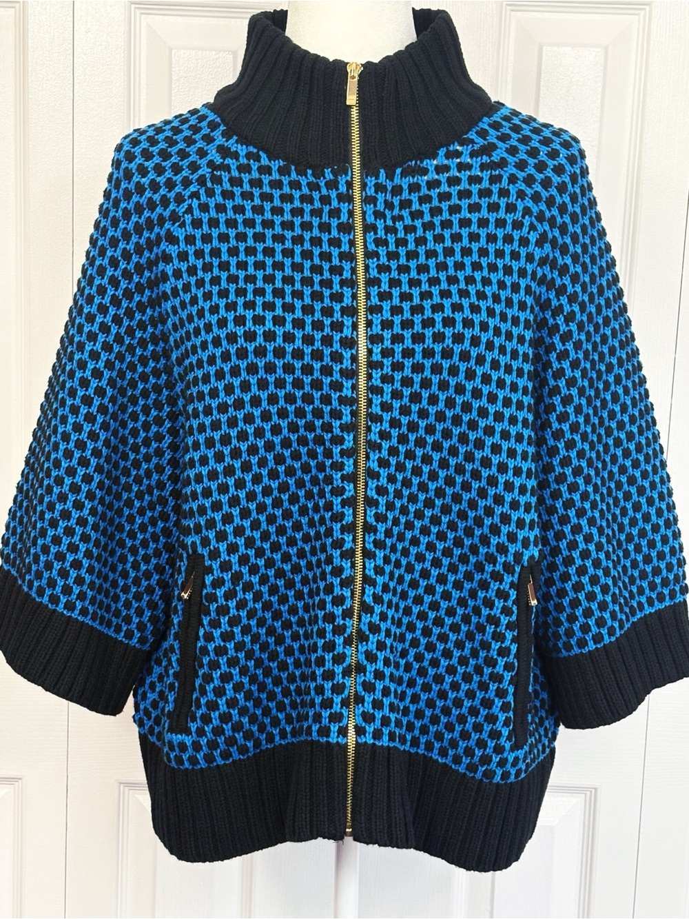 Jones New York Signature Blue & Black Dot Knit 3/4 Sleeve Zip Sweater Large